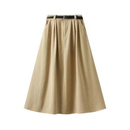 Autumn Retro Hong Kong Washed Cotton A line Skirt Women Big Swing Mid Length Skirt with Belt