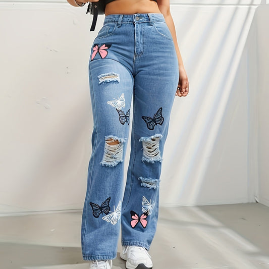 Pantalon en Denim déchiré et découpé pour femme, coupe droite, taille haute, couleur contrastée, imprimé papillon