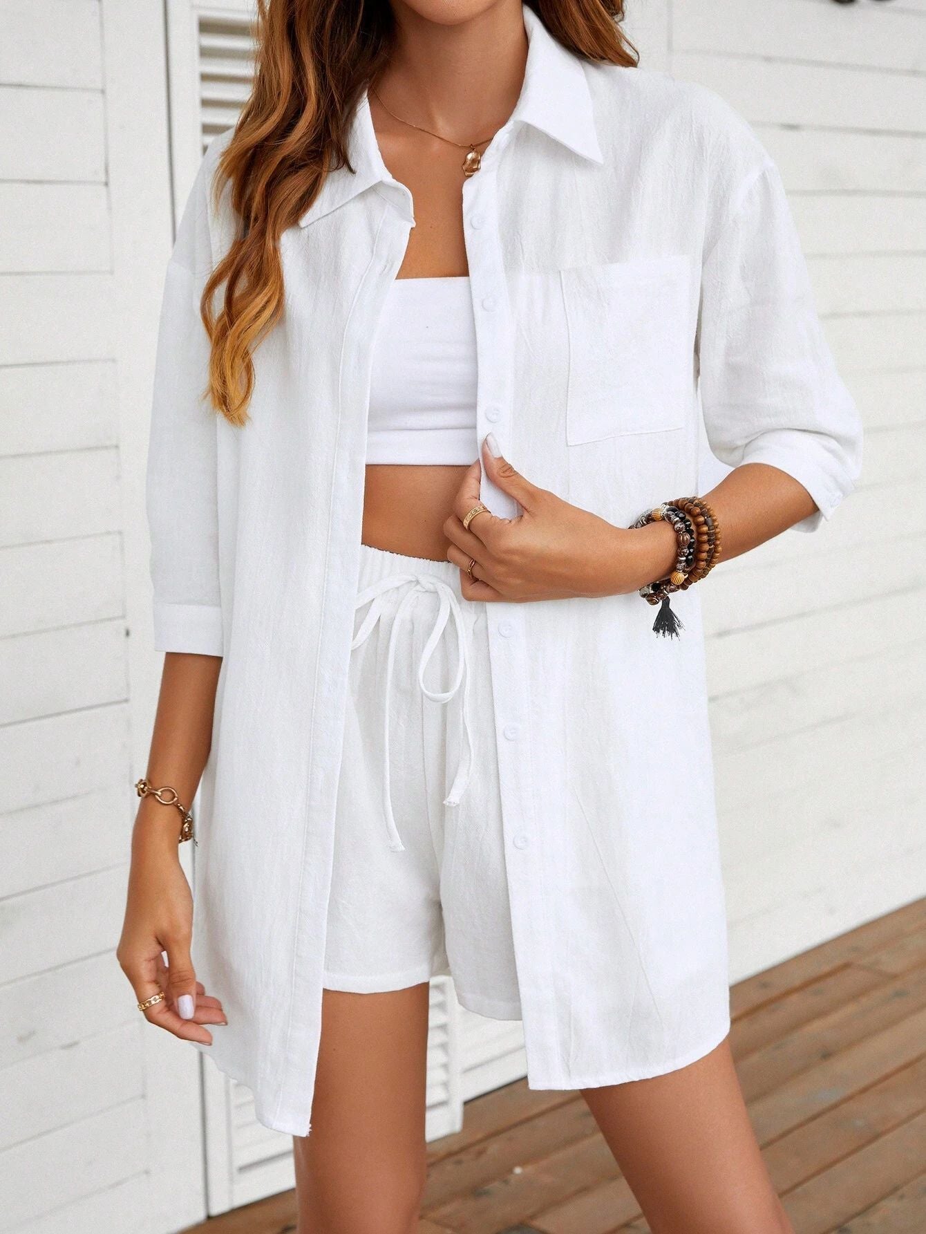 Women Clothing Summer Single Breasted Shirt Solid Color Casual Loose Suit Women