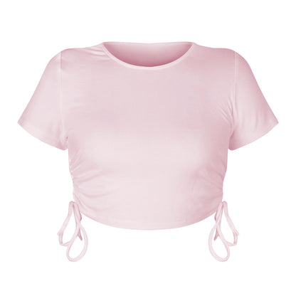 T-shirt manches courtes col rond pour femme, haut court et Sexy à rayures avec cordon de serrage, à lacets, été