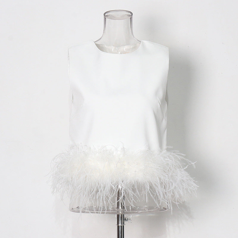 Hepburn Design Ostrich Feather Patchwork Top Spring/Summer New round Neck Simple Short Solid Color Vest for Women