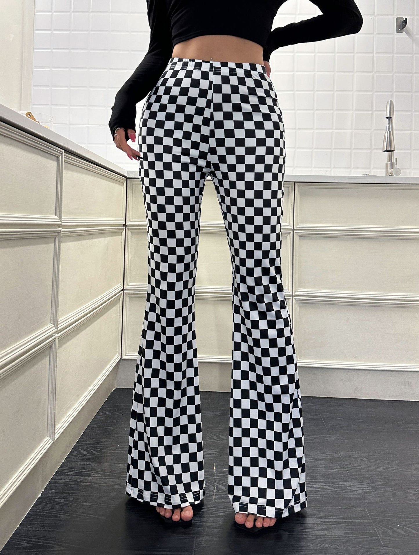 Chessboard Plaid Bell Bottom Pants Women Fitness Yoga Wear High Waist Make Legs Look Long Tight Nude Feel Sports Casual Street