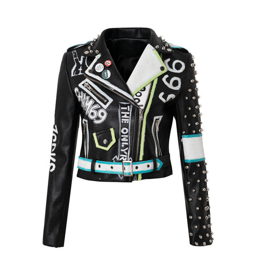 Chaqueta de otoño primavera de marca a la moda con cuello Punk para mujer, ropa de motocicleta de piel sintética, abrigo corto con remaches G