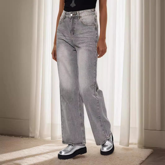 Jean rétro Hong Kong gris ondulé taille haute tombant amincissant pantalon en denim délavé vintage pour femme