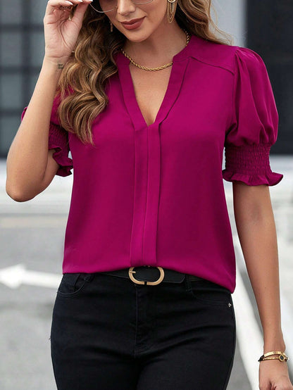 Women Clothing Summer V neck Elegant Puff Sleeve Solid Color Shirt Women Top