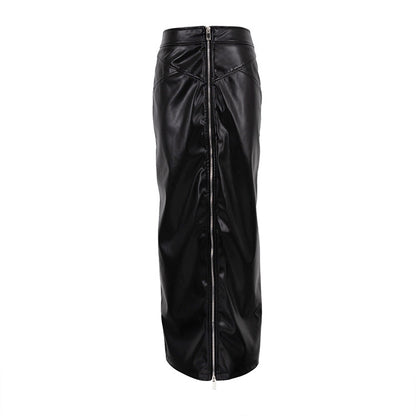 Autumn Zipper Split Skirt High Waist Figure Flattering Sheath Long Skirt Black Leather Skirt Women