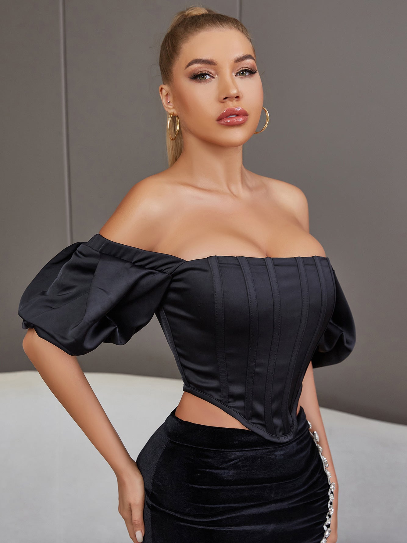 Summer off Shoulder Black Short Top Short Puff Sleeve Elegant Nightclub Tight Party Street Boning Corset Top