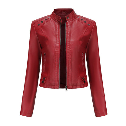 Women Clothing New Rivets Leather Women Short Spring Autumn Jacket Long Sleeve Women Jacket Thin Stand Collar Fashion Jacket