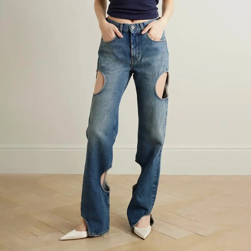 Casual High Sense Straight Leg Pants Spring High Waist Hollow Out Cutout Design Women Jeans