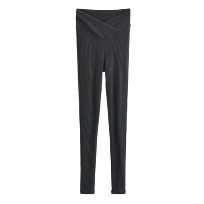 Pantalones ajustados elásticos con cintura en V para mujer, pantalones ajustados hasta el tobillo de punto, pantalones de tubo adelgazantes con rayas hundidas verticales para otoño e invierno