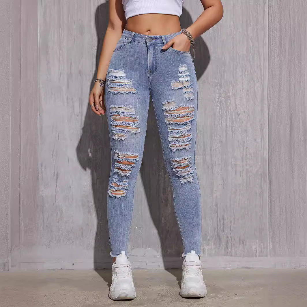 Women Clothes Stretch Ripped Ankle Tied Jeans High Waist Raw Hem