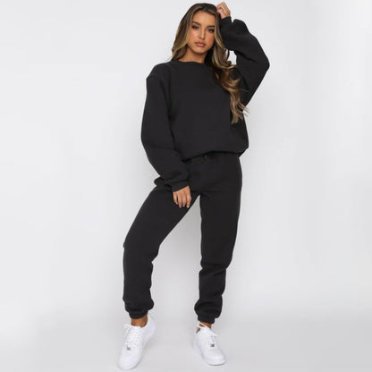 Women's Solid Color Round Neck Pullover Fashion Casual Sweater Suit