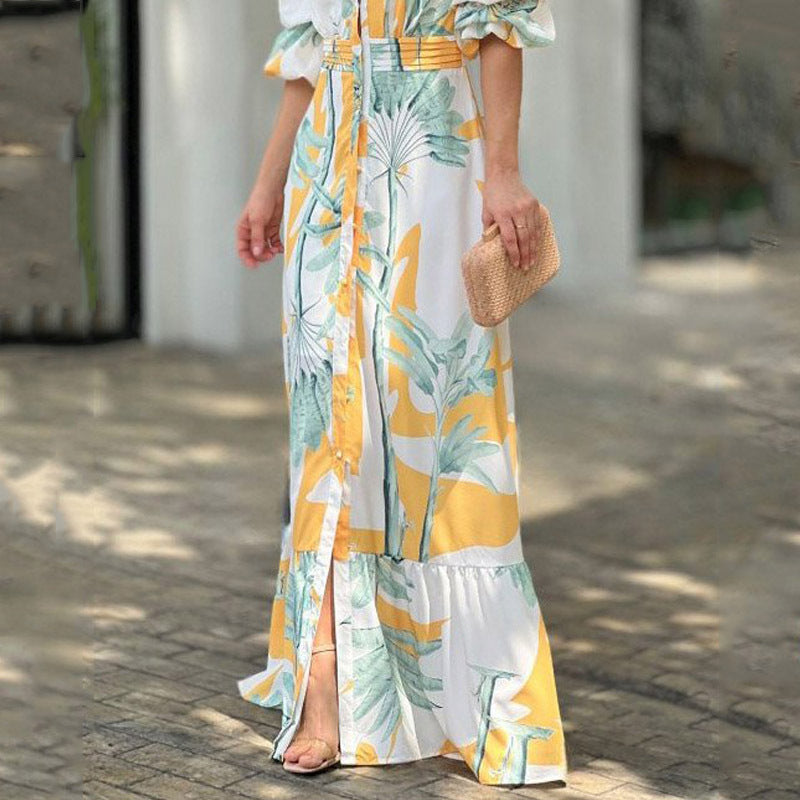 Women Clothing V neck Puff Sleeve Waist Trimming Printing Maxi Dress