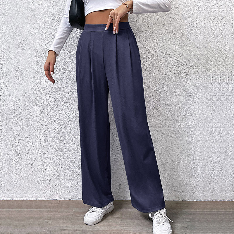 Pantalon large décontracté en tissu côtelé de couleur unie pour femme