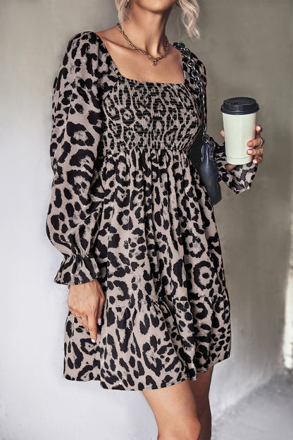 Autumn Women Clothing Classic Smocking Leopard Print Long Sleeve Dress No Belted