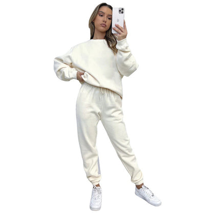 Women's Solid Color Round Neck Pullover Fashion Casual Sweater Suit