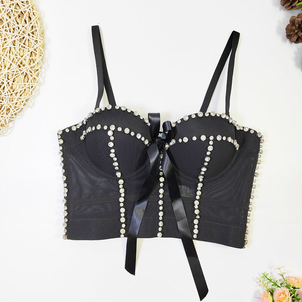 Haut tubulaire Sexy avec nœud papillon intégré et diamants, Design français, Niche pour boîte de nuit, hauts tendance pour femmes, soutien-gorge Corset à désossage perlé