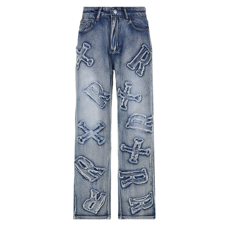 Jean Hip Hop pour femmes, pantalon droit ample et décontracté avec lettres personnalisées et Patch graphique