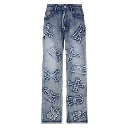 Jean Hip Hop pour femmes, pantalon droit ample et décontracté avec lettres personnalisées et Patch graphique