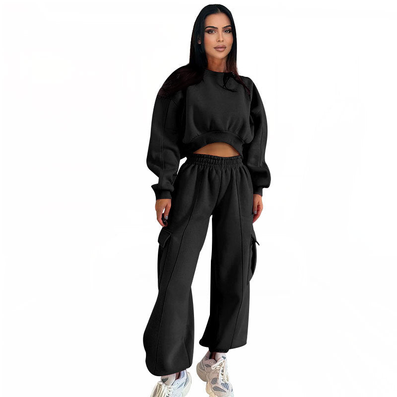 Women Clothing Autumn round Neck High Waist Sweater Pocket Loose Sweatpants Sets