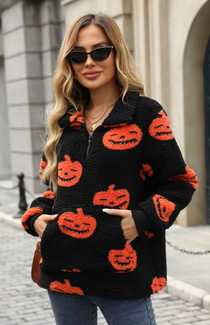 Autumn Winter Women Clothing Halloween Pumpkin Printed Half Zipper Plush Pullover Sweater