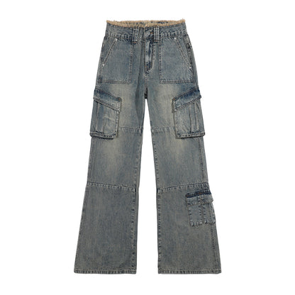 Waste Soil Jeans Ropa de Trabajo Retro Denim Mujeres Cintura Alta Adelgazante Pantalones de Pierna Ancha Jeans