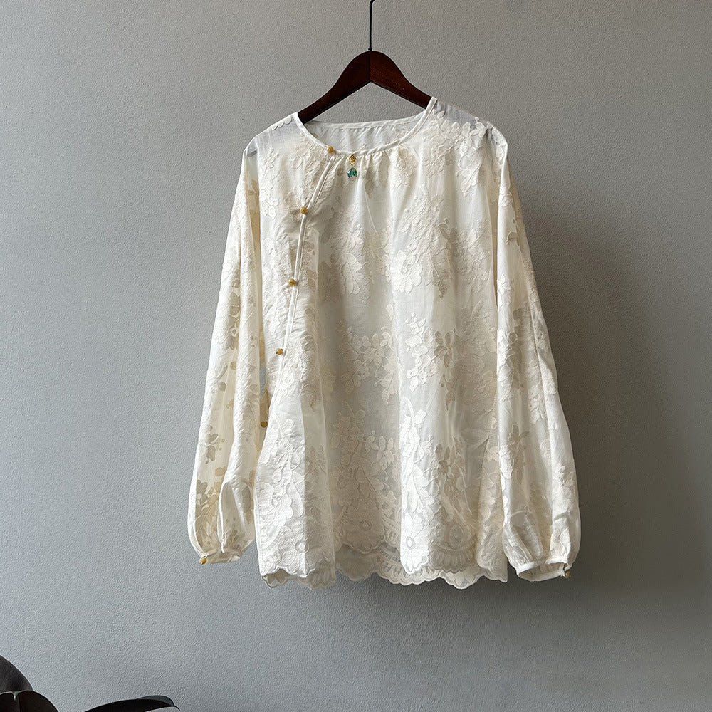 Chinese Traditional Retro Buckle Lace Small Shirt Women Spring Summer Pullover Shirt