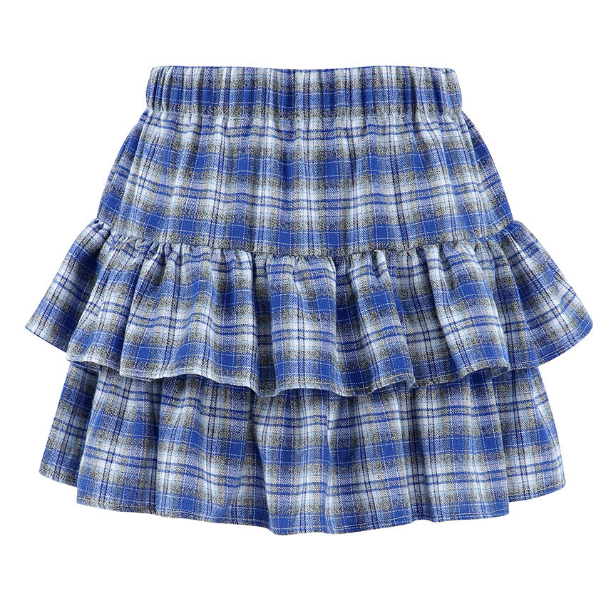 Blue Plaid Cotton Tiered Dress Ruffled Office Skirt Autumn Short Skirt for Women