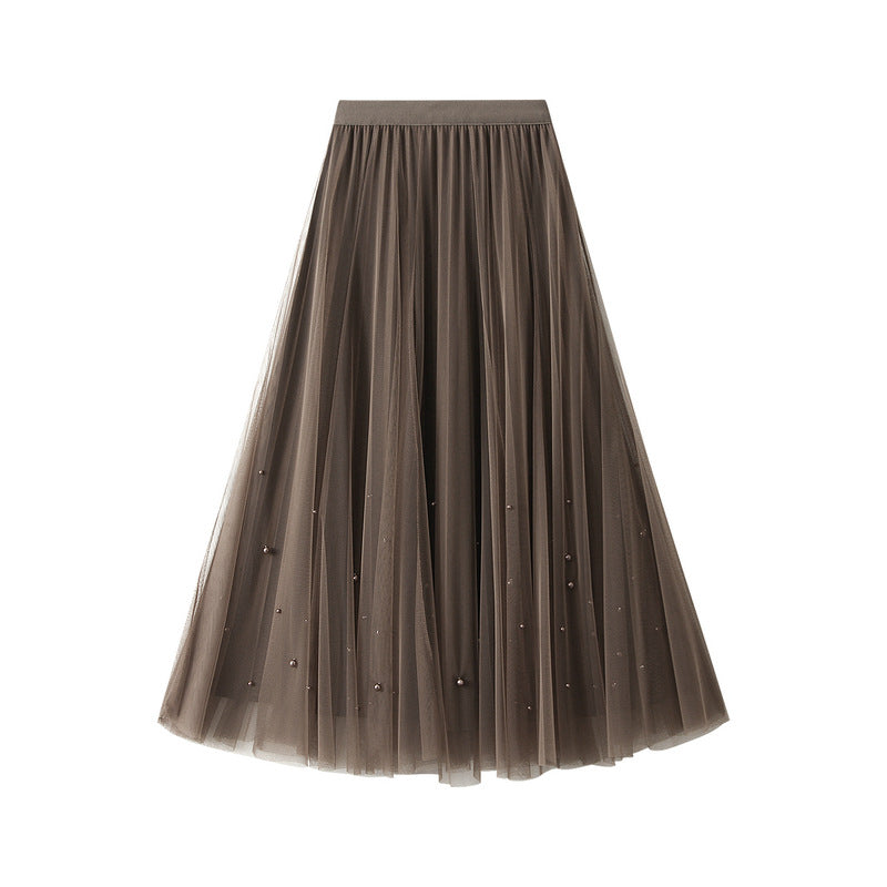 Beaded Mesh Skirt Autumn Women High Waist Slimming Two Sided Pleated Skirt Grazy Dress With Big Hemline