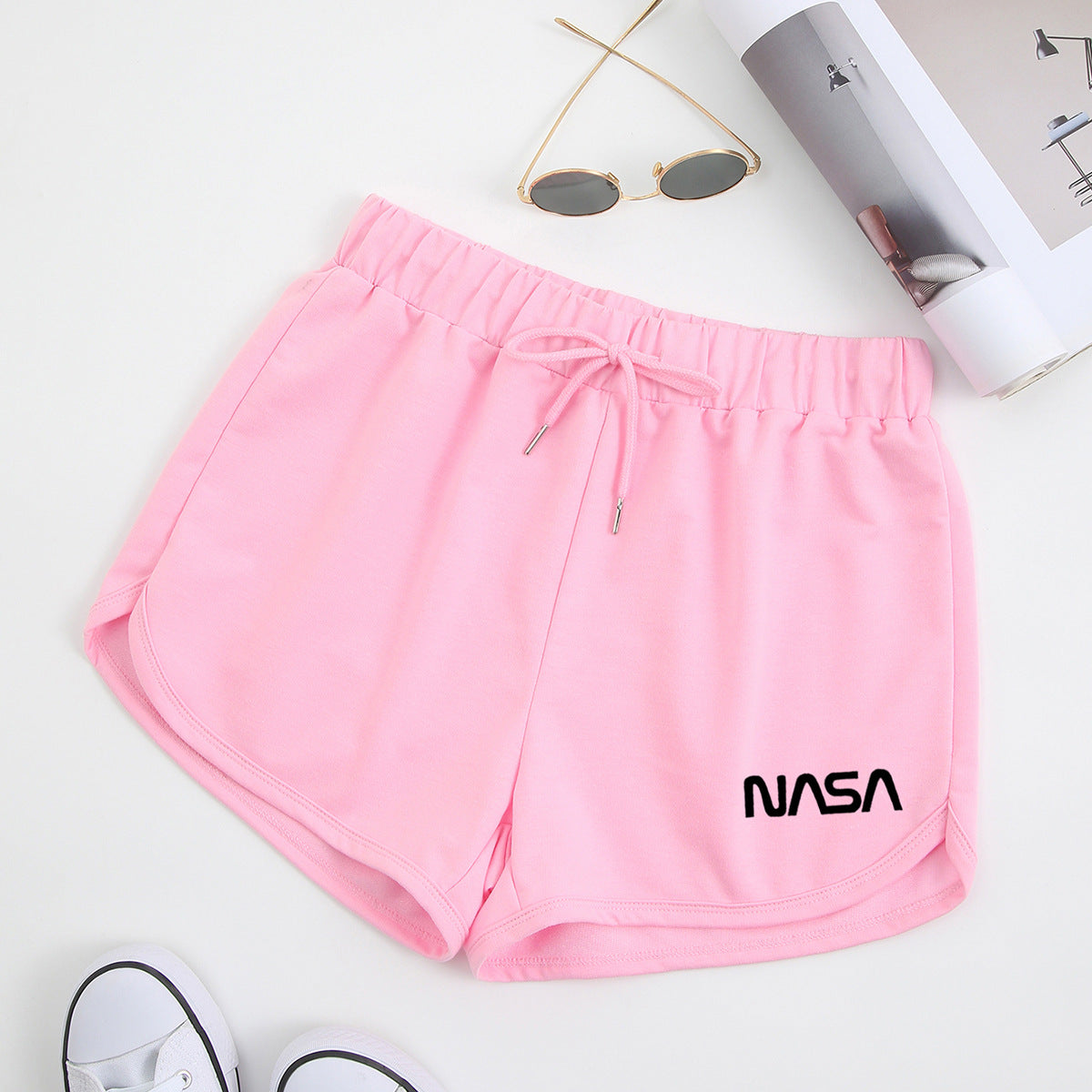 Pantalones cortos de verano para mujer, pantalones sencillos informales deportivos a la moda, estampado gráfico de letras Nasa