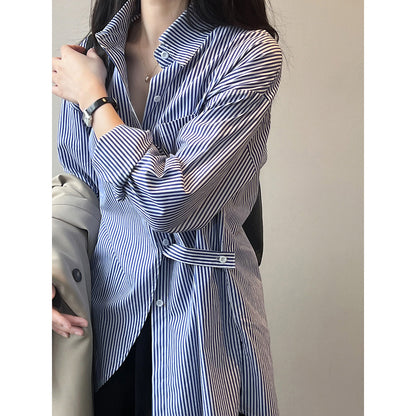 French Minority Striped Shirt Women Autumn Long Sleeve Waist Tight Back Slit Shirt