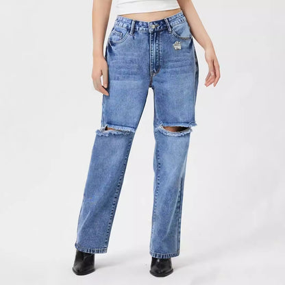 Women Clothing Loose Hole Denim Trousers