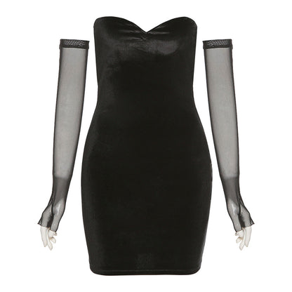 Winter Trendy Women Clothing off-Neck Sexy Slim-Fit All-Match Slimming Sheath Dress Opera Glove