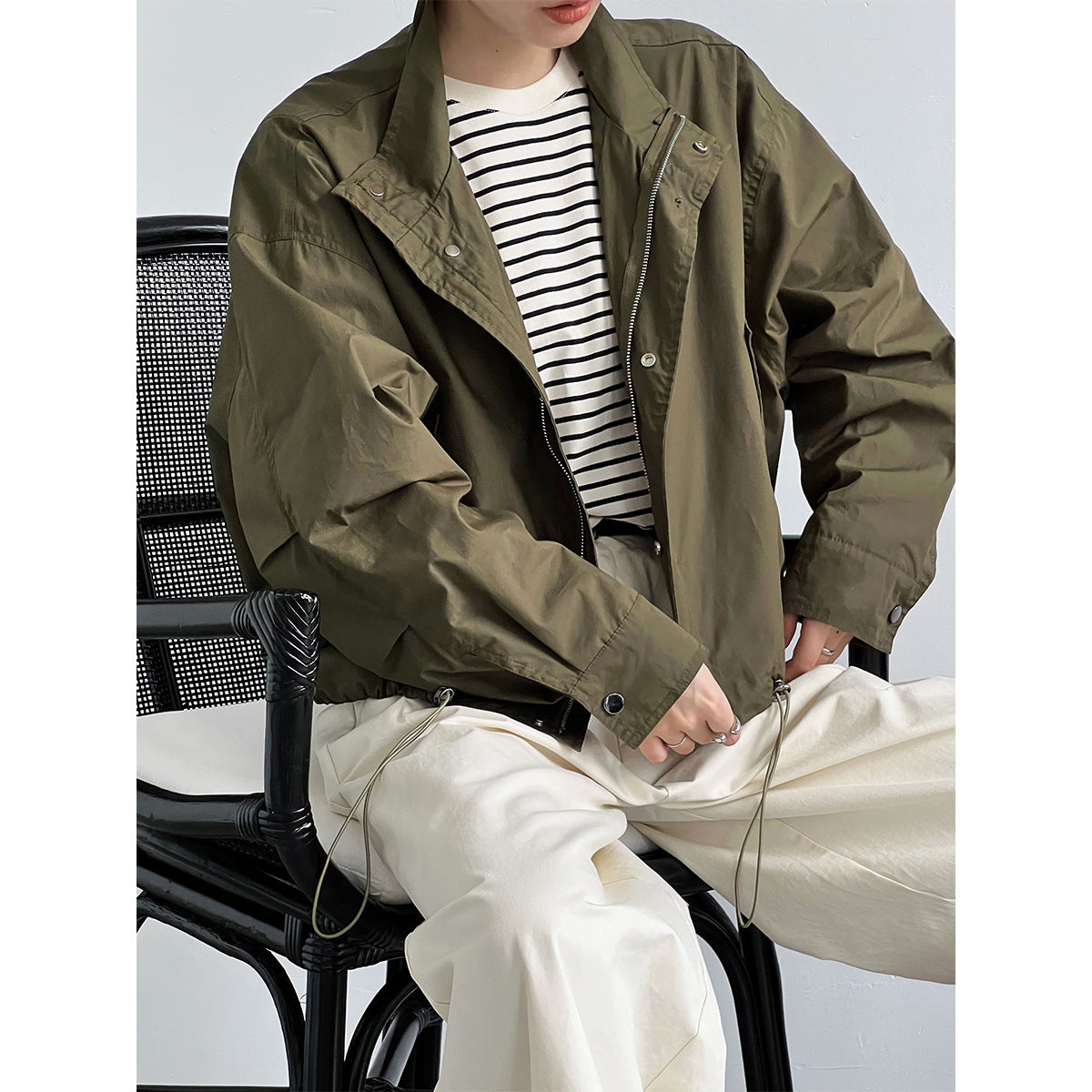 Autumn Retro Stand Collar Drawstring Cargo Jacket Coat Loose Zip Women Gore Tex Jacket