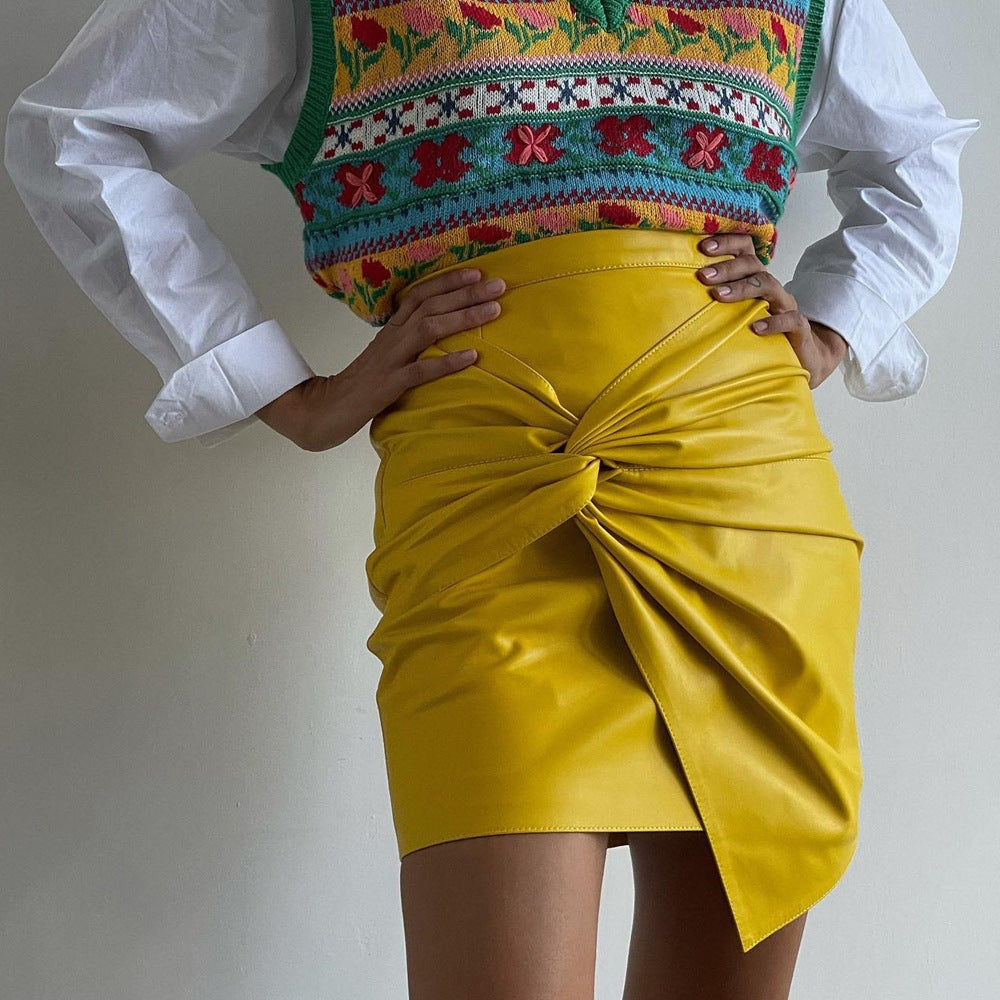 Women Clothing Autumn Winter Street Ruffle Hip Skirt Leather Skirt