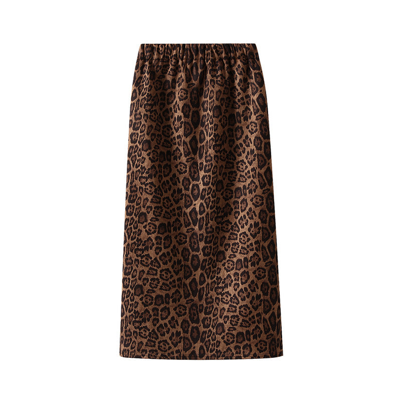 Autumn Faux Suede Elastic Waist Leopard Print Skirt Hip Lifting Hide Meat Hip Skirt