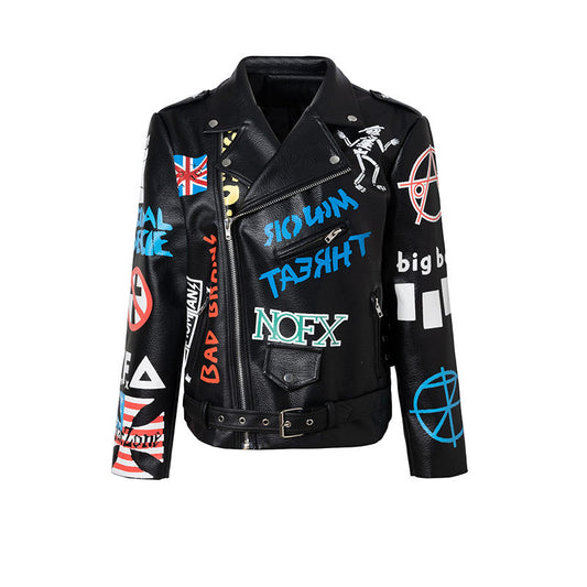 Abrigo de cuero de motocicleta con estampado de grafiti, chaqueta de cuero de Color de contraste de industria pesada Punk