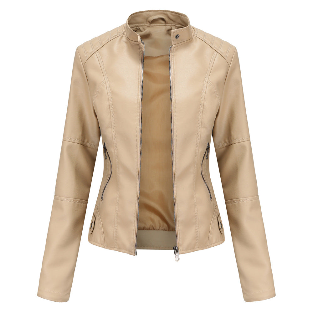 Chaqueta de cuero para mujer, chaqueta fina para mujer, abrigo fino para primavera y otoño, ropa de moto para mujer, chaqueta de cuero con cuello alto