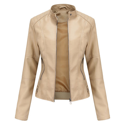 Chaqueta de cuero para mujer, chaqueta fina para mujer, abrigo fino para primavera y otoño, ropa de moto para mujer, chaqueta de cuero con cuello alto