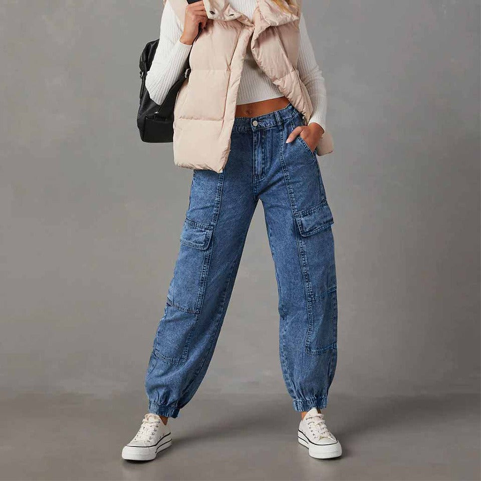 Cargo Jeans Women Autumn Casual Elastic Waist Ankle Tied Loose Women Pants