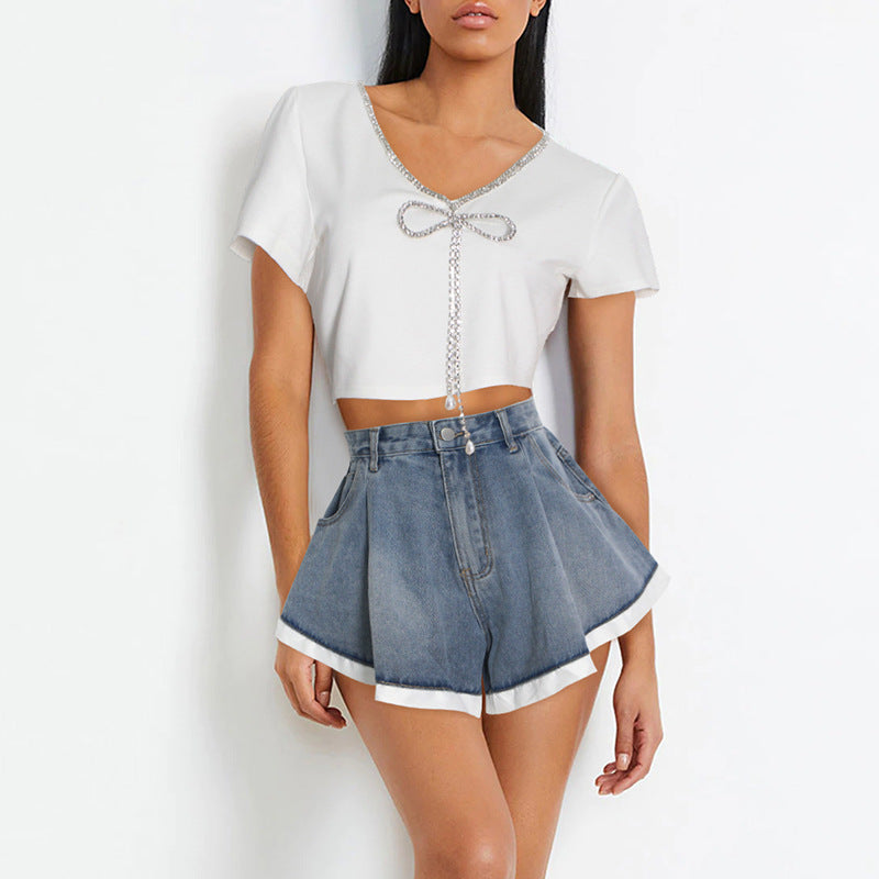 À la mode décontracté Simple femmes Denim Shorts conception couture ébouriffé femmes lâches