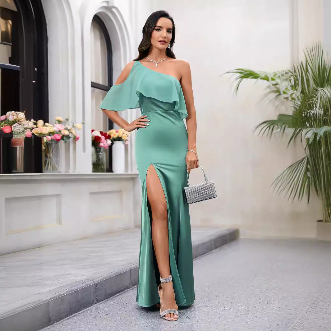 Ropa de mujer, vestido con cuello Diagonal y hombros descubiertos, cintura de Color sólido, vestido elegante ajustado, vestido largo con abertura larga