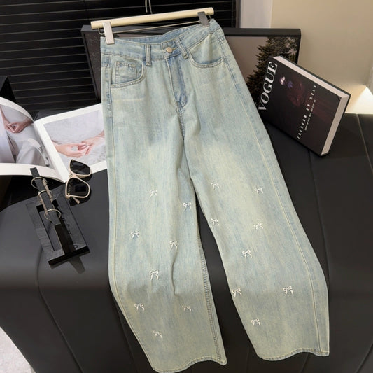 Women Bow Jeans Summer Pants Small Distressed Figure Flattering High Waist Loose Wide Leg Pants