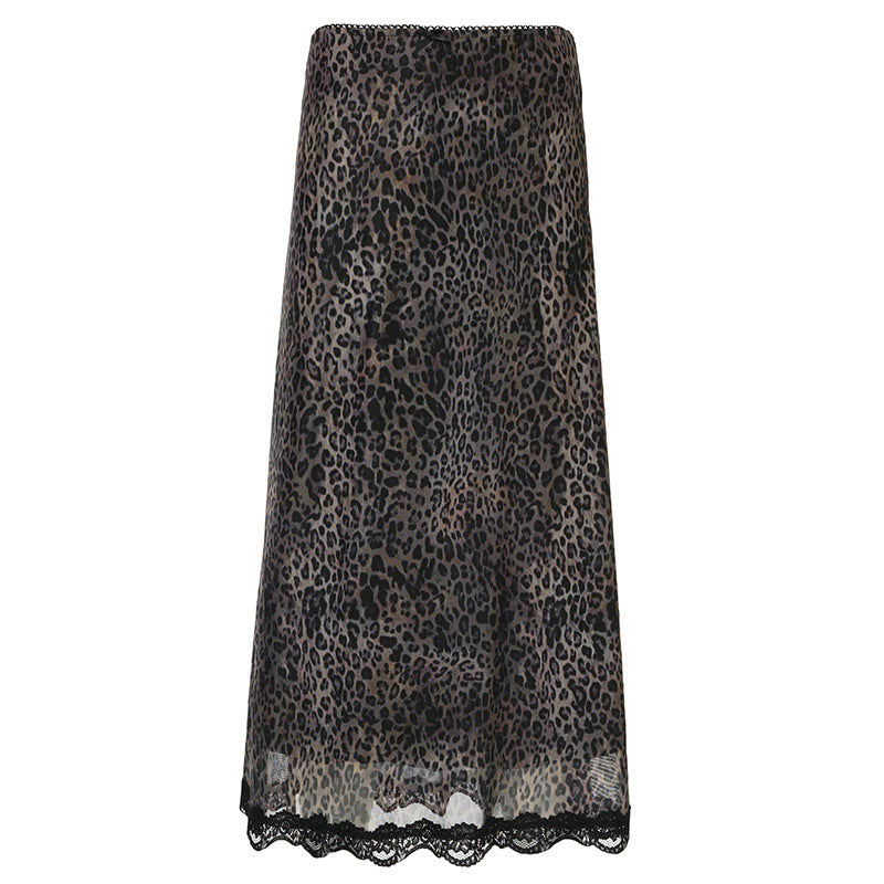 Falda de encaje con costura y estampado de leopardo vintage para otoño, moderna, elegante, de cintura alta, adelgazante, midi para mujer