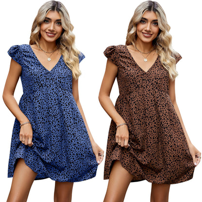 Women Short Dress Bohemian Leopard Print Mini Dress V neck A line Dress