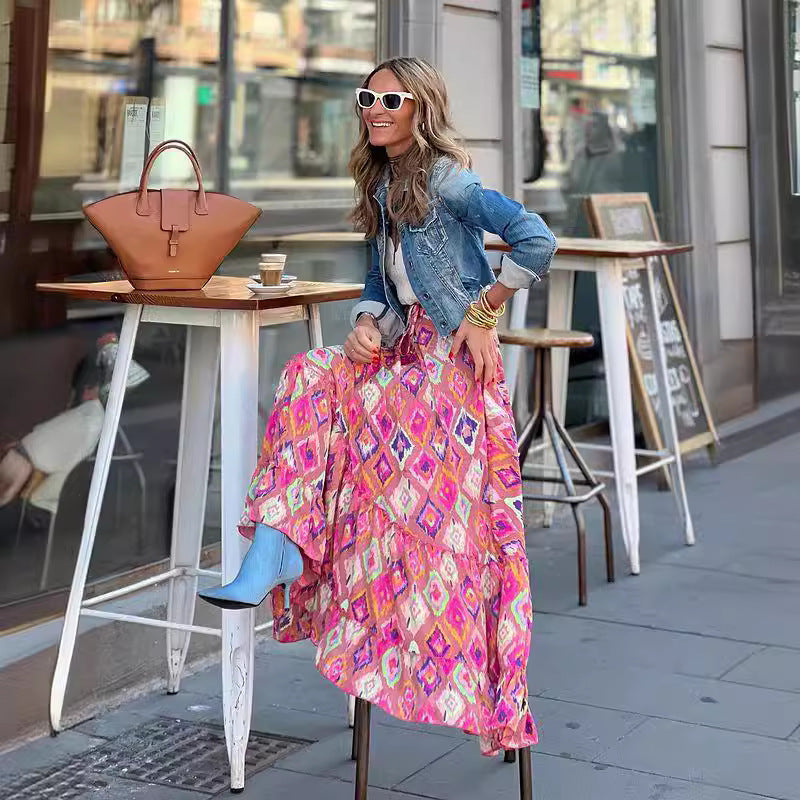 Big Hem Skirt Summer Printed Embellished Large Swing Casual Skirt