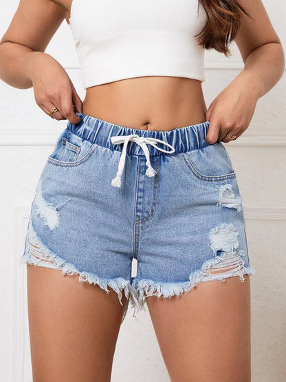 Women Clothing Elastic Waist Slimming Fashionable Denim Shorts