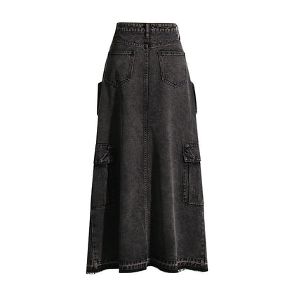 Brand Workwear Bag Skirt High Waist Front Slit Design Denim Solid Color Women Skirt