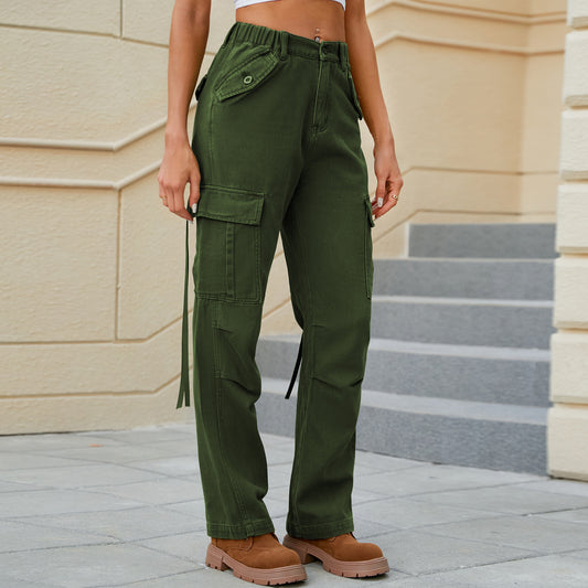 Pantalones cargo lavados de primavera y verano para mujer, pantalones vaqueros con cinta, pantalones casuales