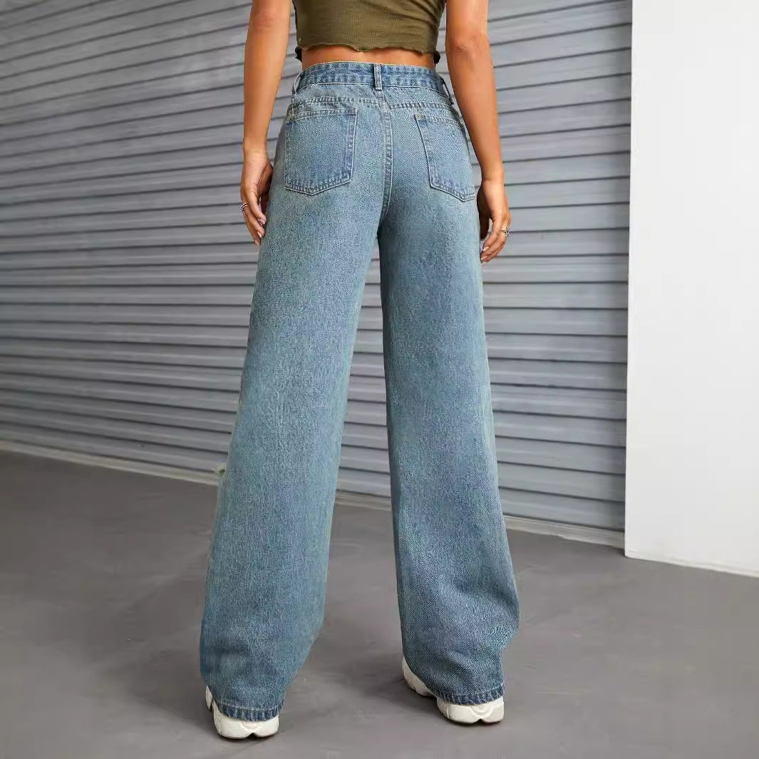 Women Clothing Casual All Match Ripped Wide Legged Denim Trousers